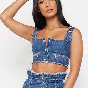 Maniere De Voir Blue Denim Crop Tank Top